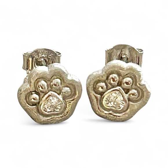 Sterling Silver S925 Diamond Cut CZ Animal Paw Print Stud Earrings - Picture 1 of 4